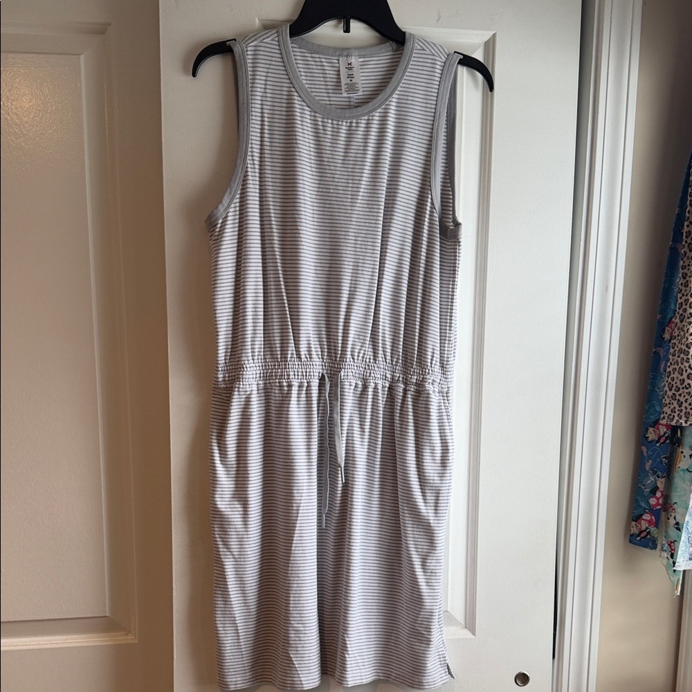 Sleeveless Gray Striped Midi Drawstring Dress